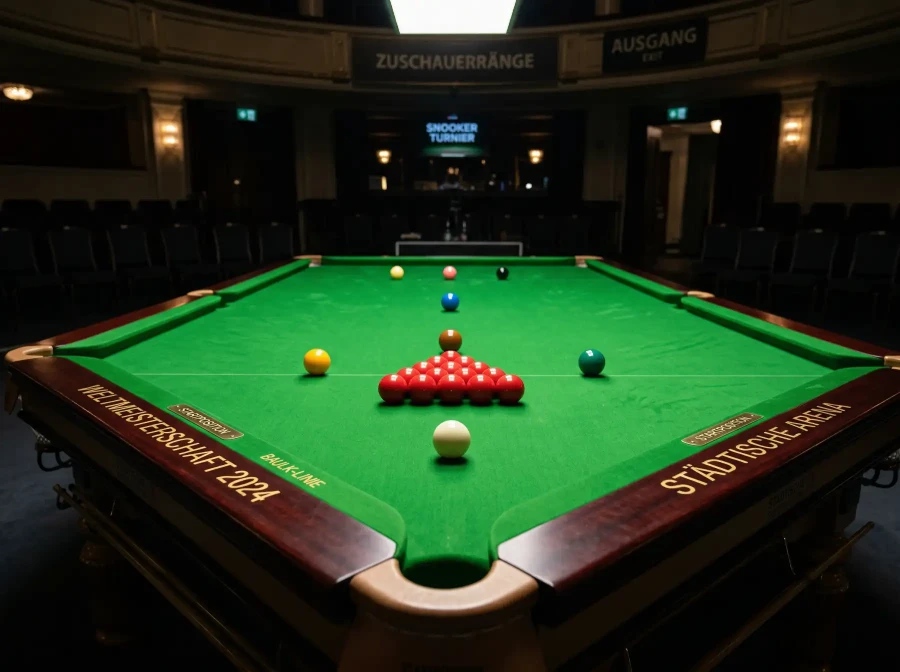 Snooker-Tisch mit Kugeln und Queue im Scheinwerferlicht
