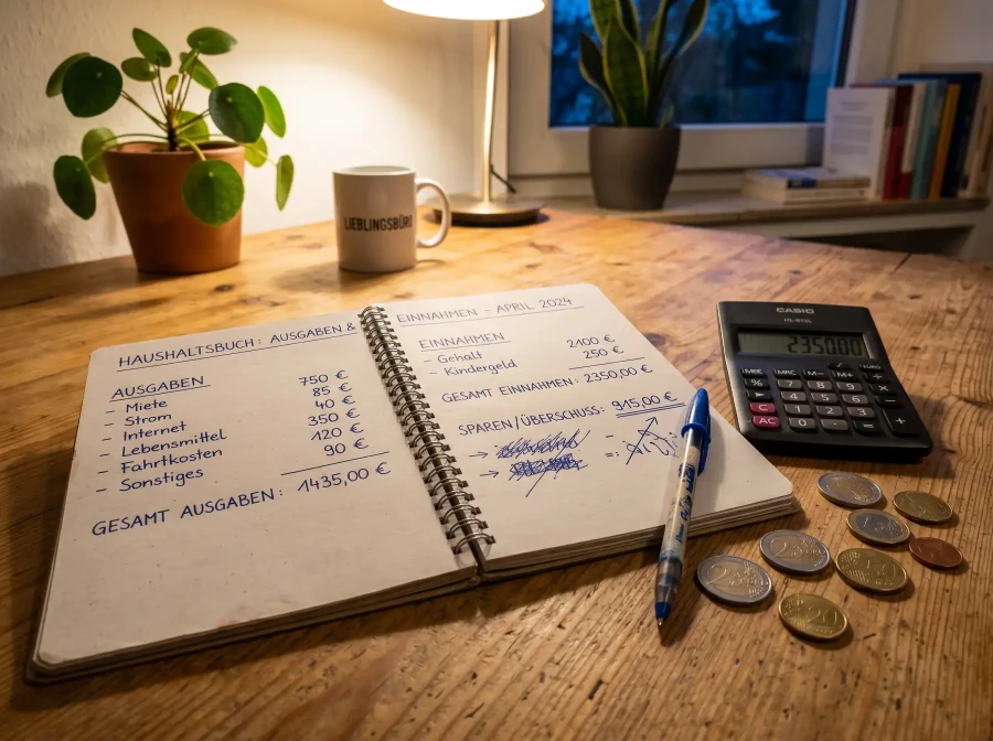 Notizbuch mit Budget-Planung und Taschenrechner auf Schreibtisch