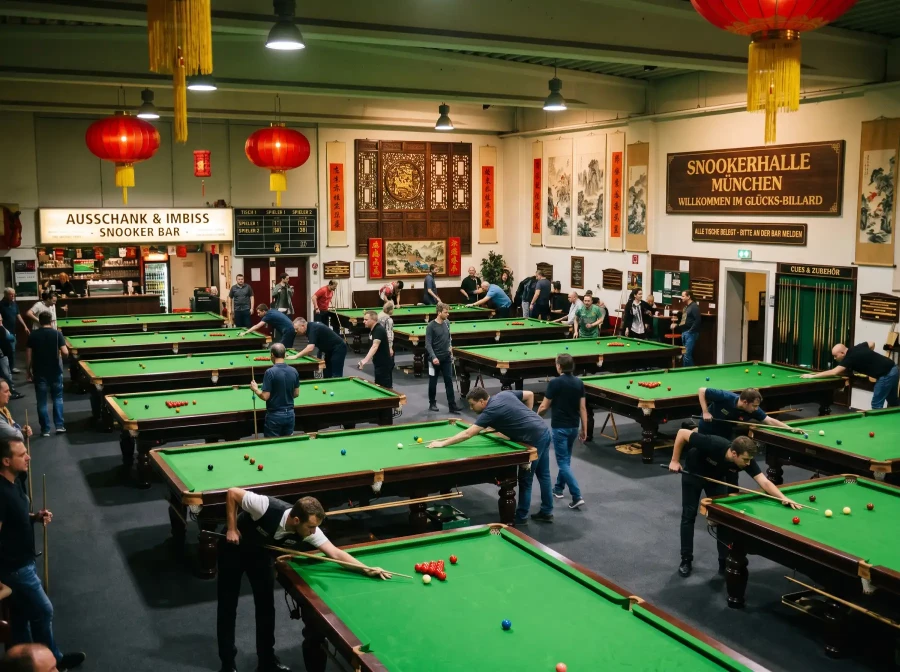 Chinesische Snooker-Halle mit vielen Tischen und Spielern