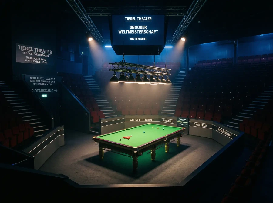 Crucible Theatre in Sheffield mit Snooker-Tisch unter Scheinwerfern