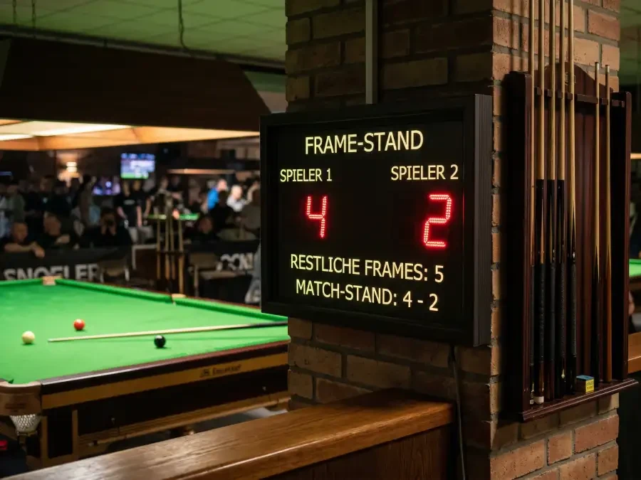 Snooker-Tisch mit Anzeigetafel die Frame-Handicap zeigt und Kugeln auf grünem Filz