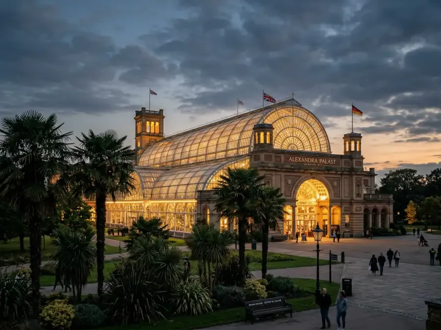 Alexandra Palace London außen mit Snooker Masters Beleuchtung