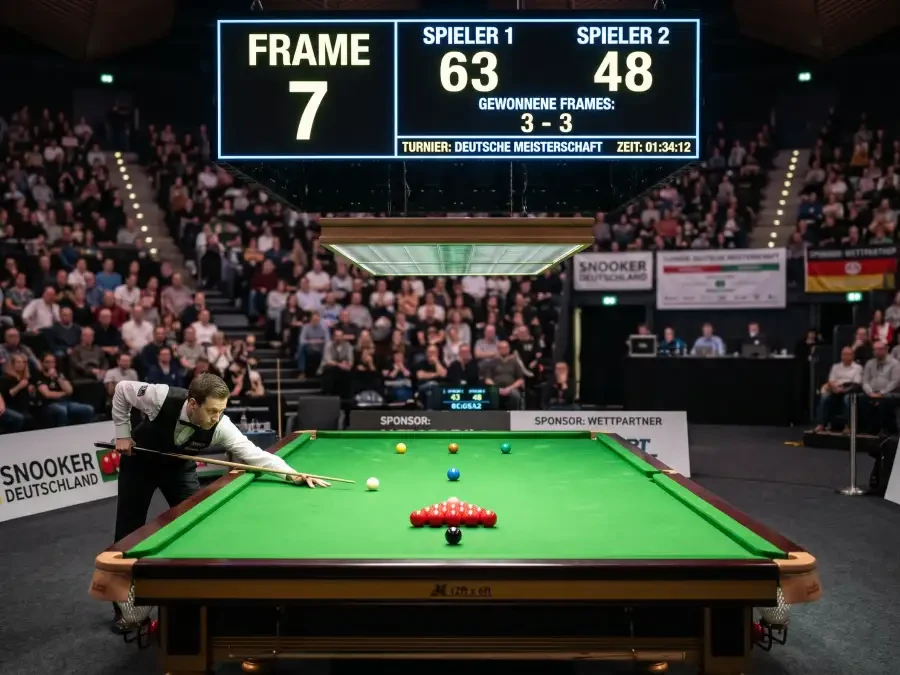 Snooker-Match mit Anzeigetafel und Frame-Stand auf grünem Tisch