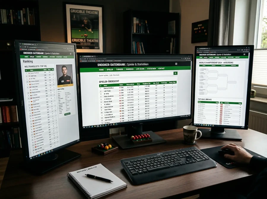 CueTracker-Datenbank auf Computerbildschirm mit Spielerstatistiken