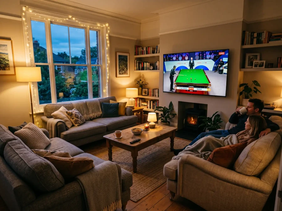 Snooker-Match auf großem Bildschirm mit Live-Symbol