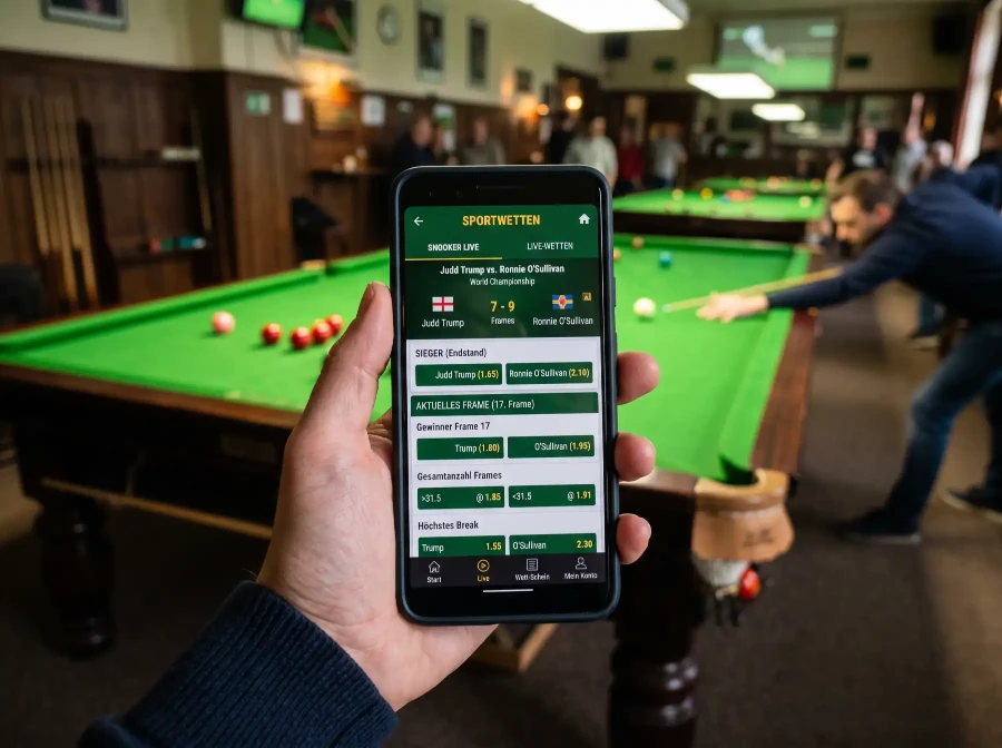 Smartphone mit Sportwetten-App und Snooker-Match auf dem Display