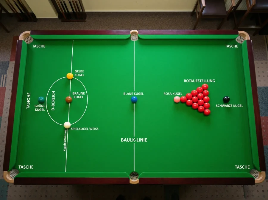 Snooker-Tisch von oben mit allen Kugeln in Spielposition