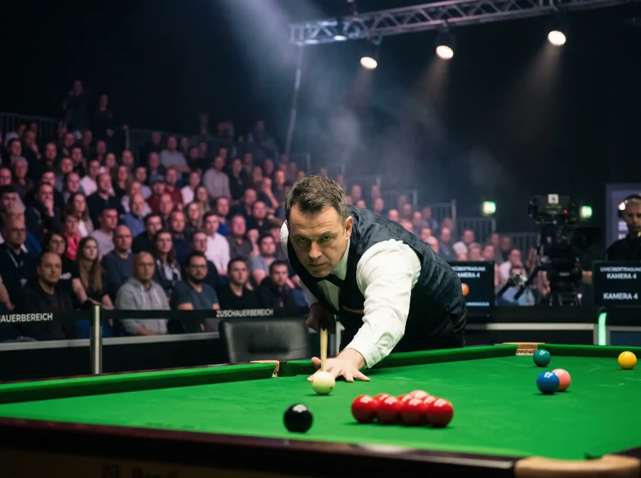 Snooker-Spieler am Tisch während eines professionellen Turniers mit Zuschauern im Hintergrund