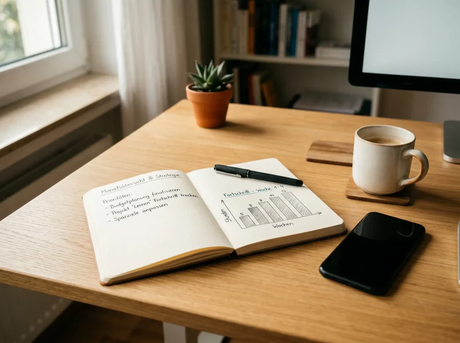 Notizbuch mit handschriftlichen Notizen neben Smartphone auf Schreibtisch