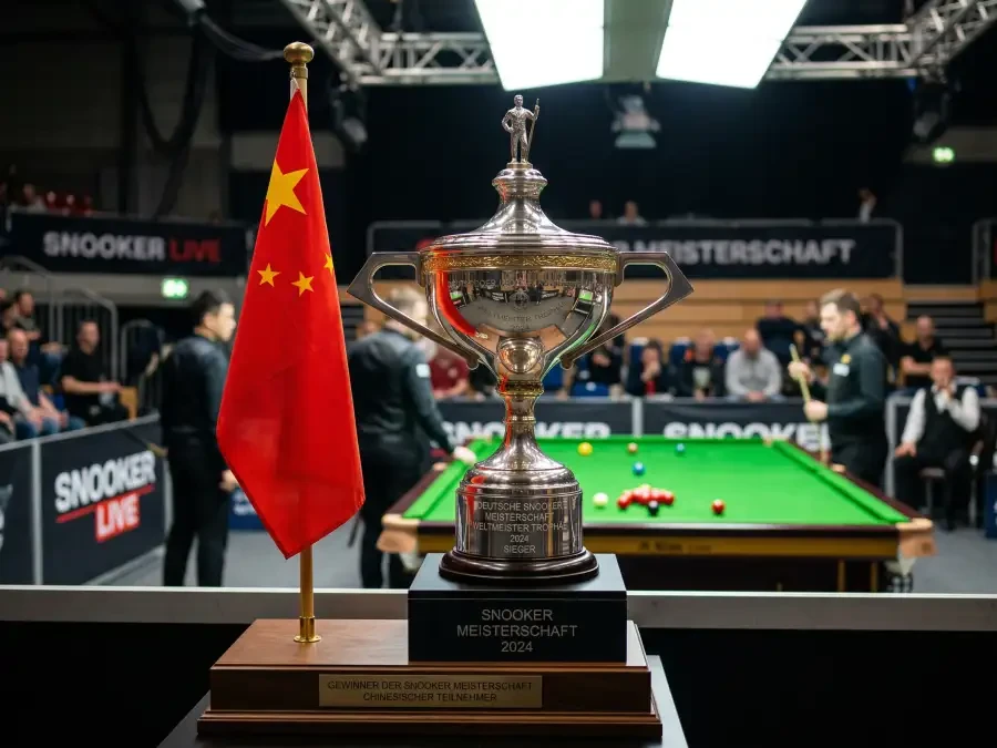 Chinesische Flagge neben Snooker-Tisch mit Trophäe im Hintergrund